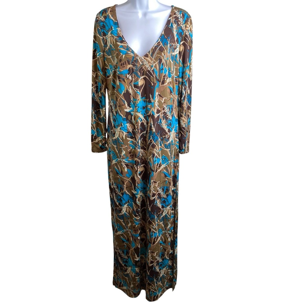 NWT VTG Y2K VERTIGO Women's Brown Turquoise Abstract Print Maxi Dress Sz M Edgy